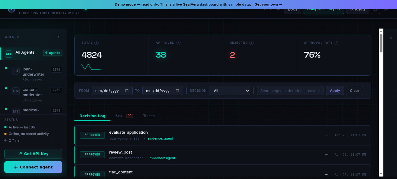 SealVera dashboard showing AI agent decisions with approval status, audit trail, and real-time monitoring